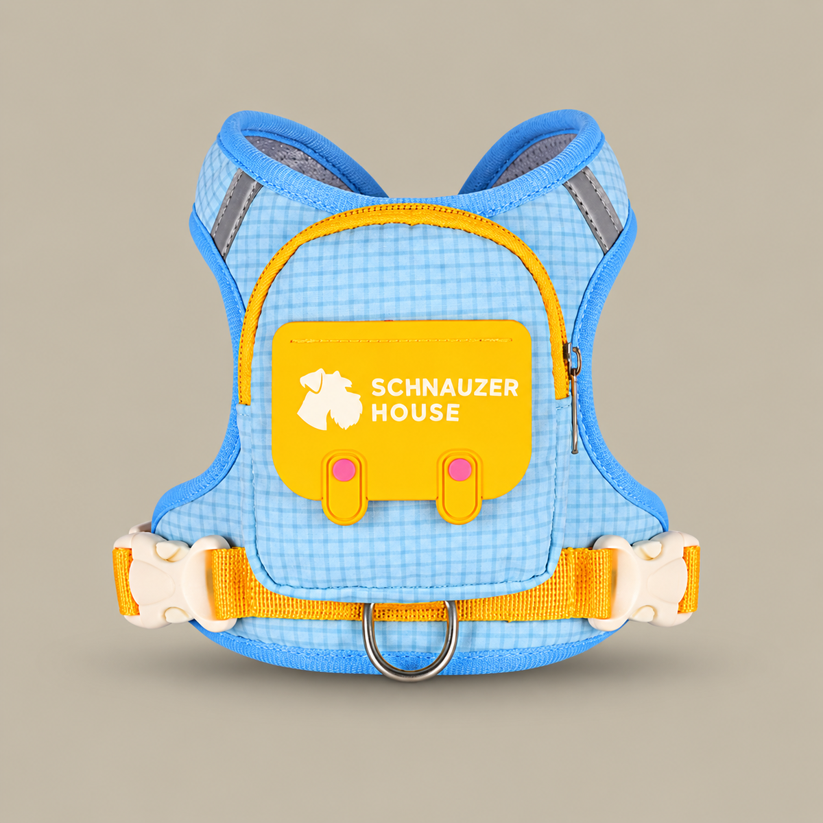 Light blue dog backpack harness with yellow pocket and straps, back view