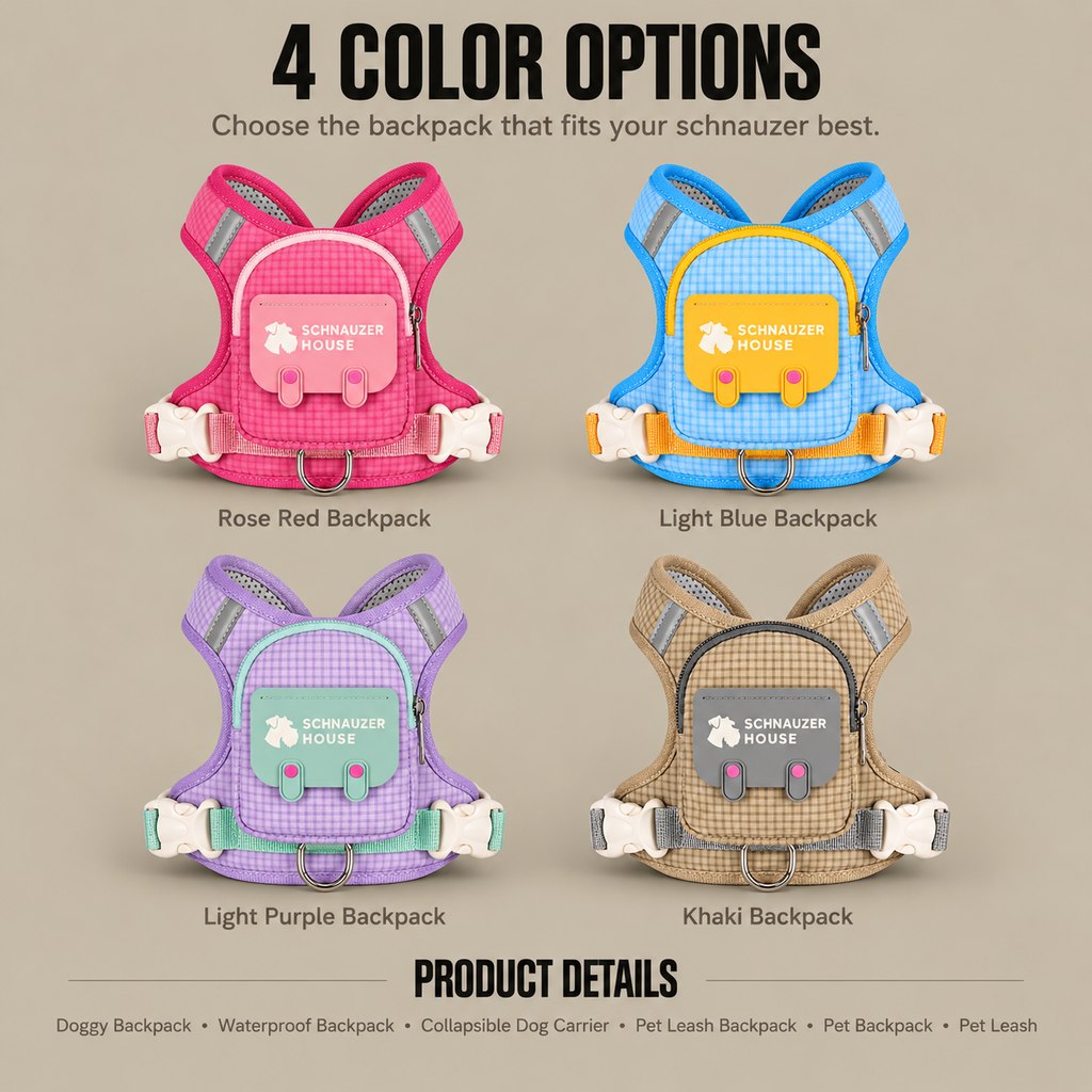 Four color options for the Pocket Harness Set: Rose Red, Light Blue, Light Purple, and Khaki