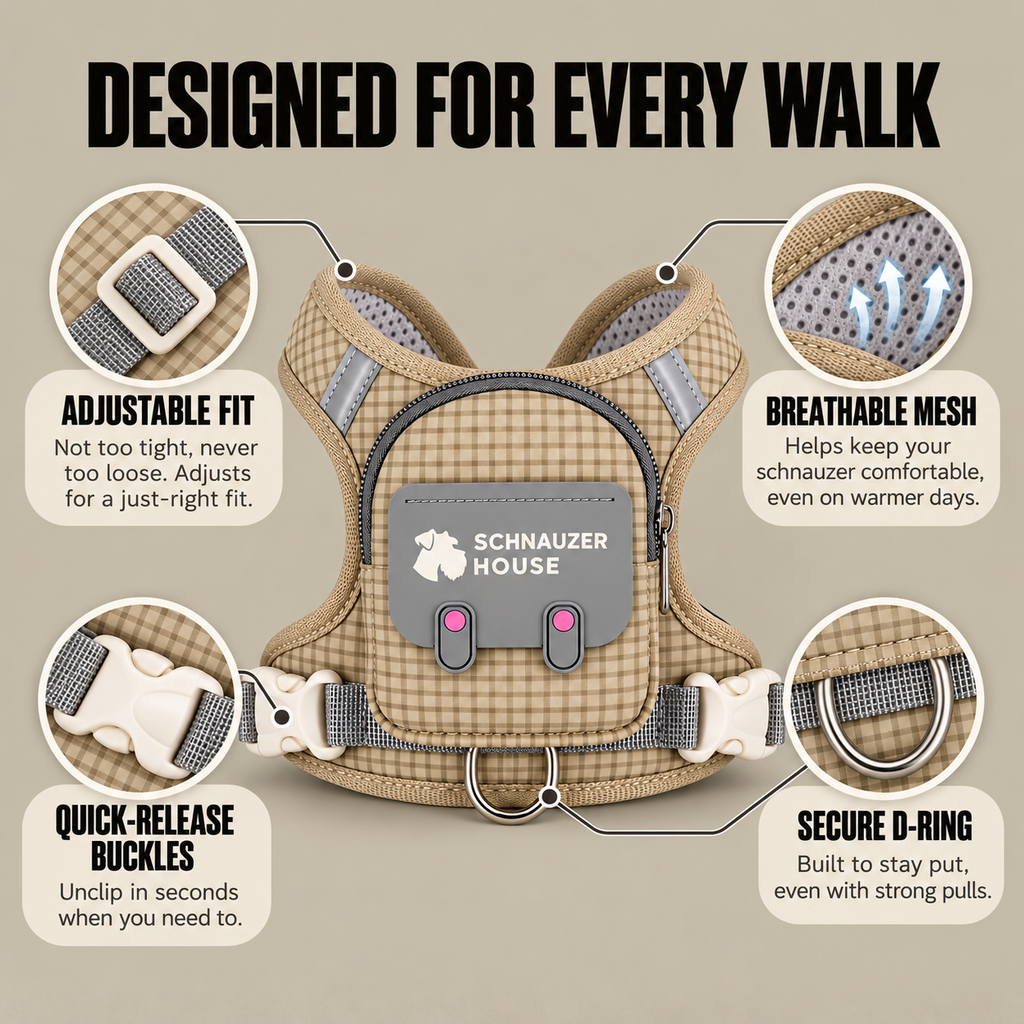 Dog backpack harness features: adjustable fit, breathable mesh, quick-release buckles, secure D-ring