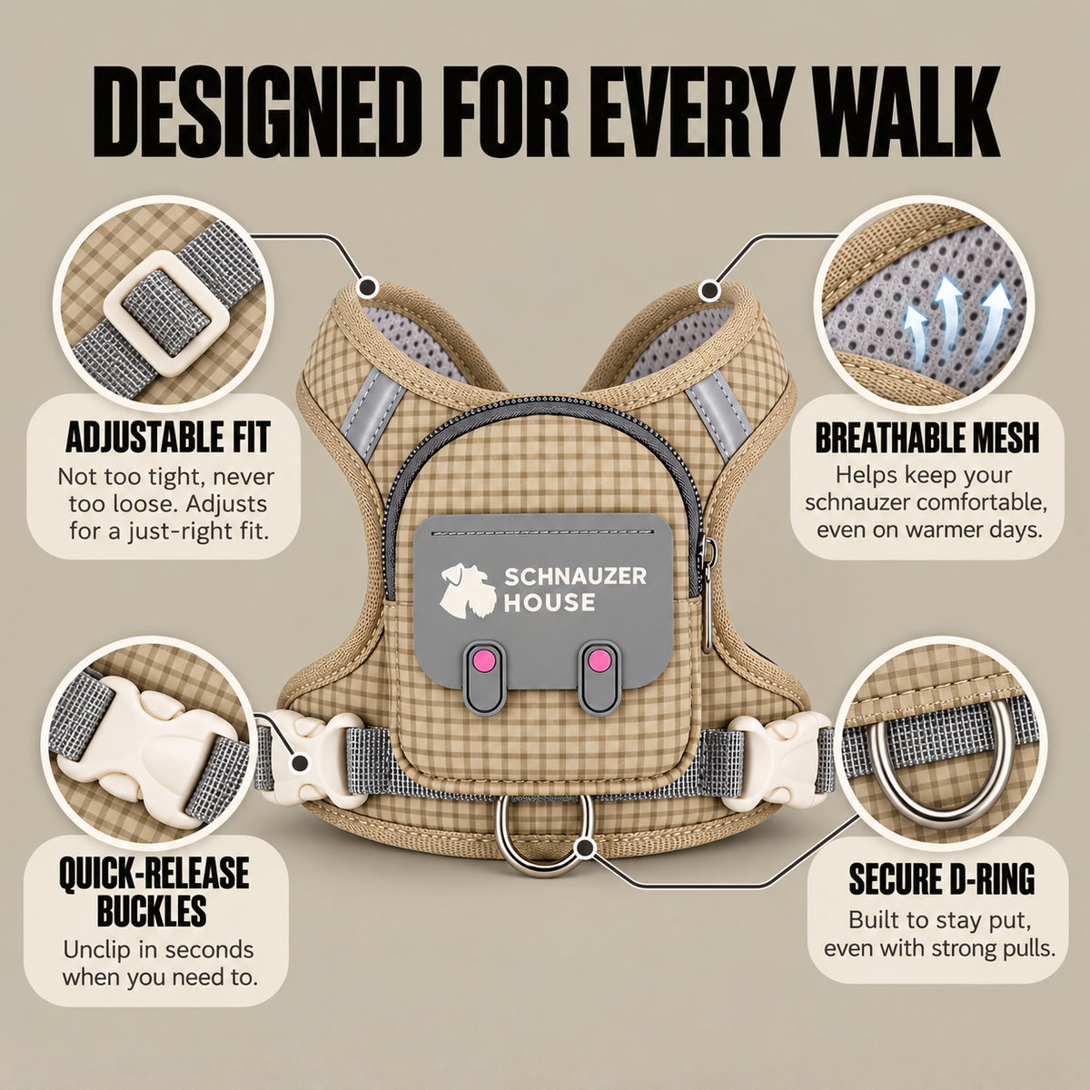 Dog backpack harness features: adjustable fit, breathable mesh, quick-release buckles, secure D-ring
