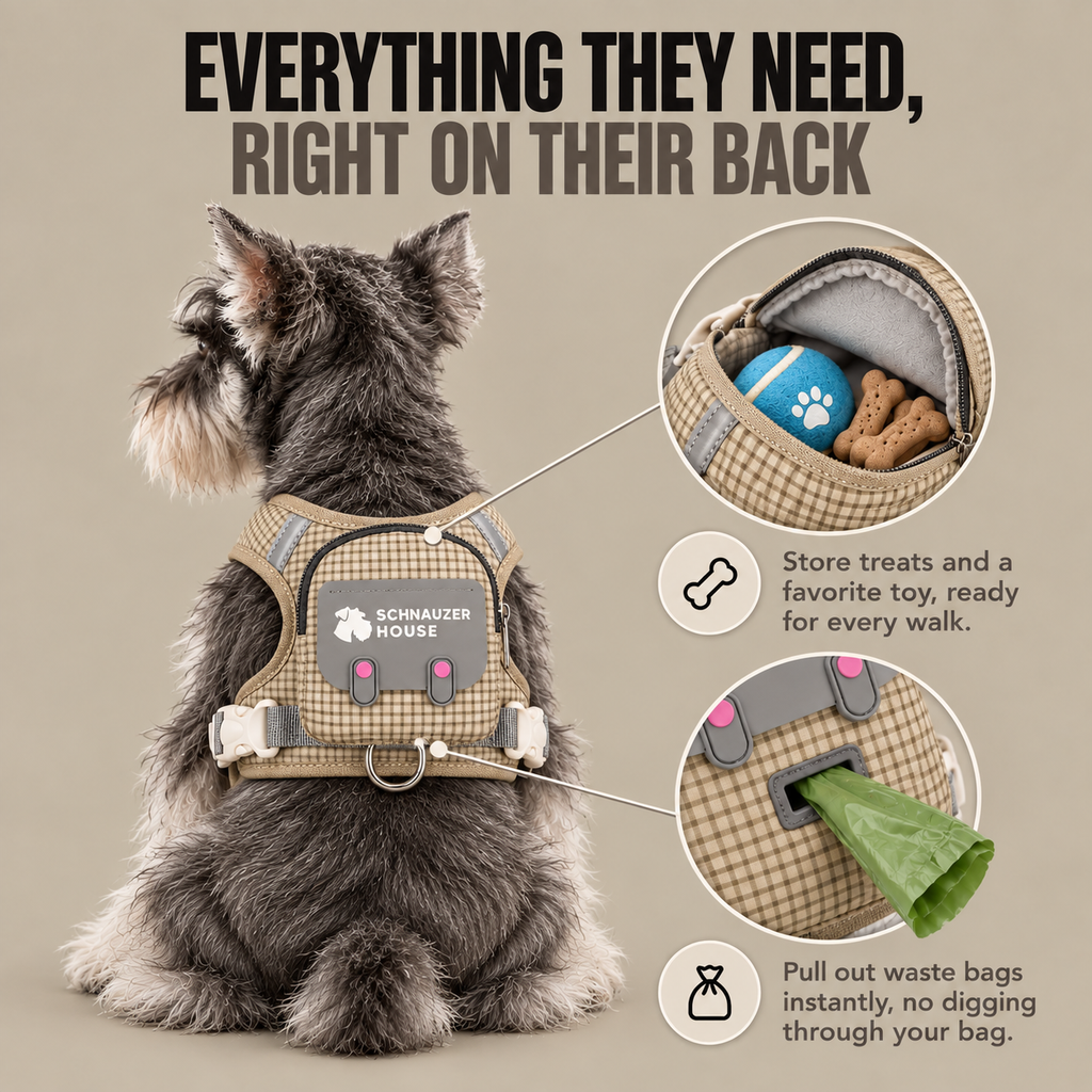 Schnauzer wearing the harness backpack, with close-ups of the treat pocket and waste bag dispenser