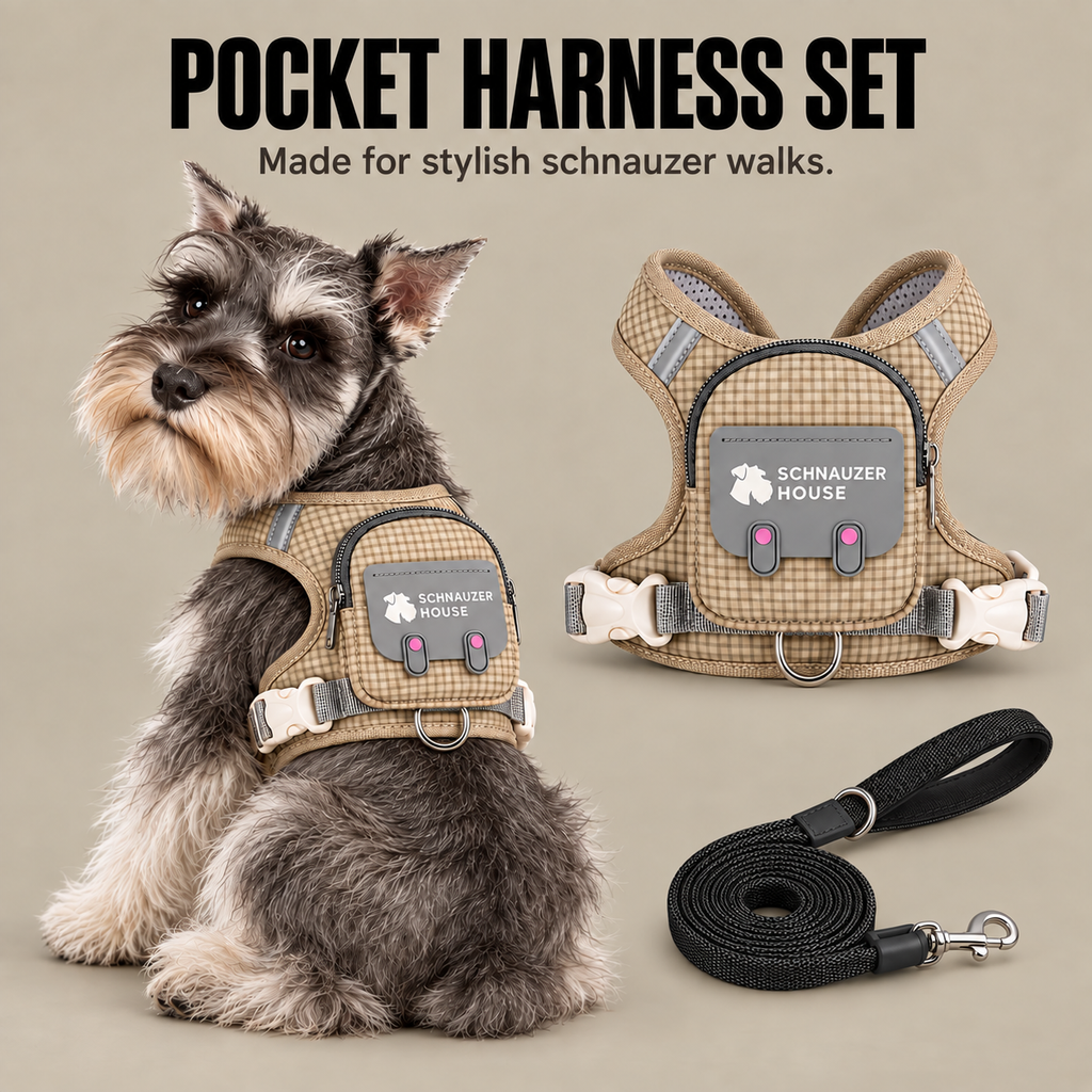 Schnauzer wearing the khaki Pocket Harness Set next to the matching leash