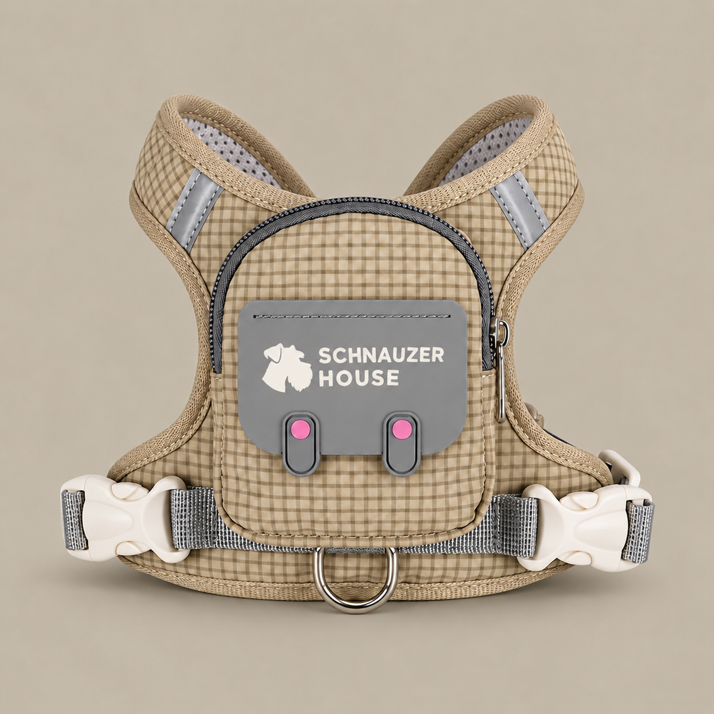 Khaki plaid dog backpack harness with front storage pocket, back view