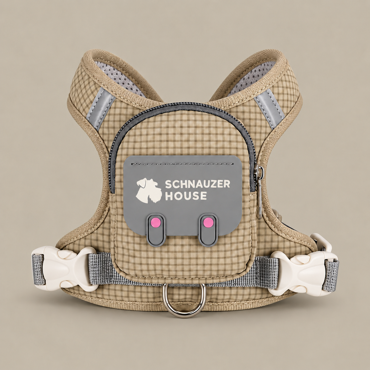 Khaki plaid dog backpack harness with front storage pocket, back view