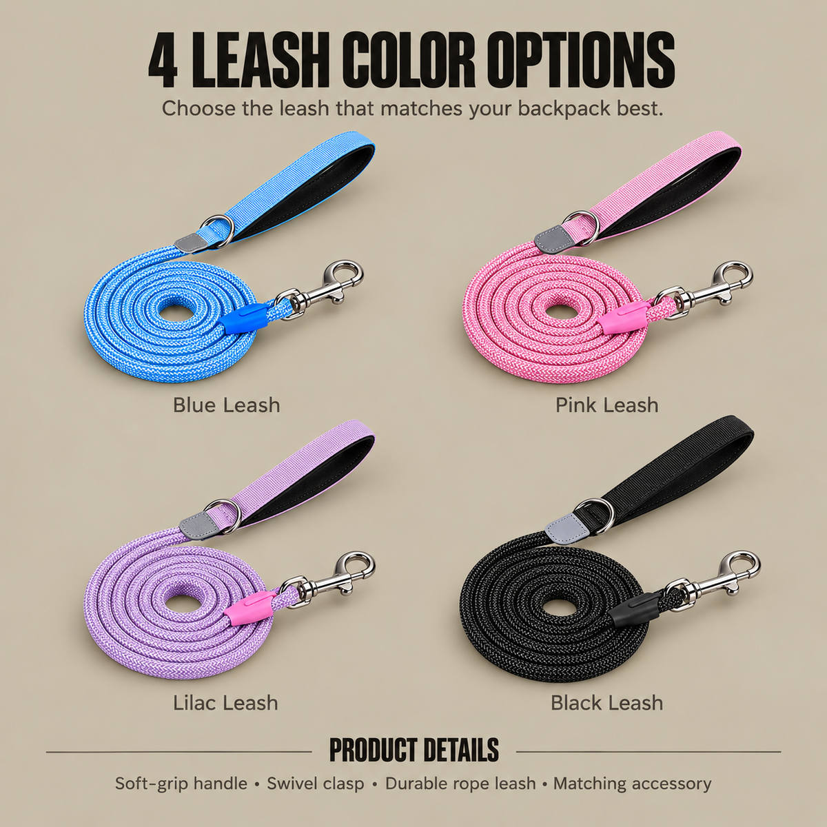 Four matching leash color options: Blue, Pink, Lilac, and Black