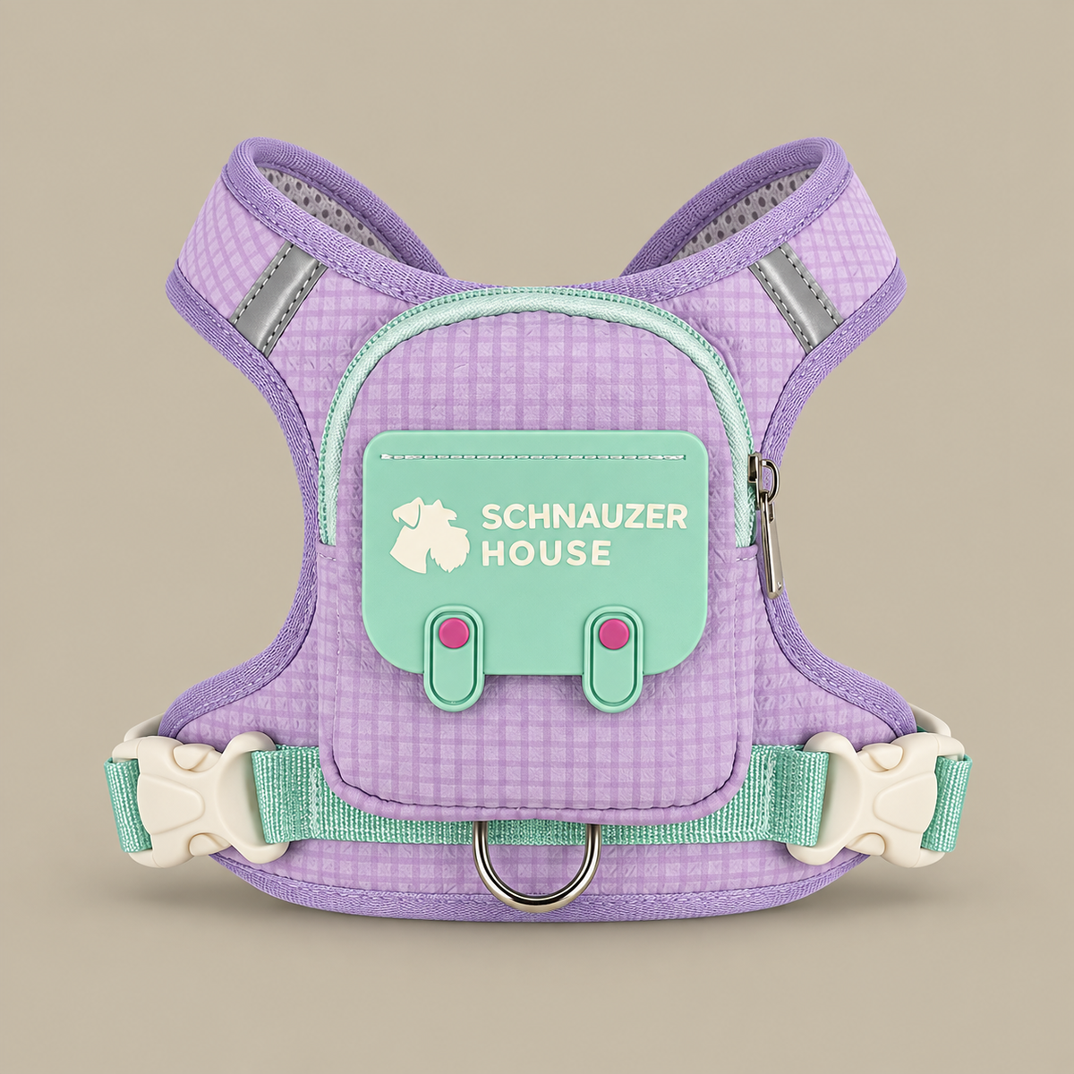Light purple dog backpack harness with mint green pocket, back view