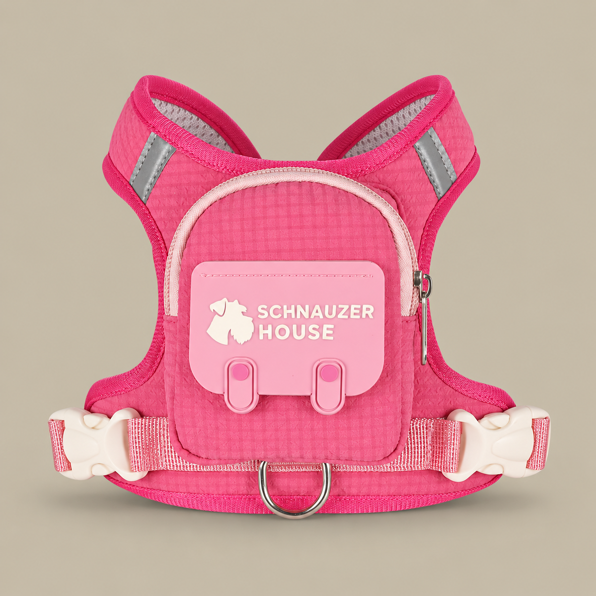 Hot pink dog backpack harness with matching pocket, back view