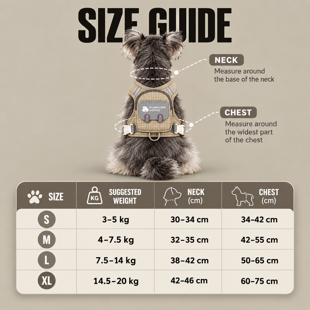Size guide for the Pocket Harness Set showing neck and chest measurements for sizes S, M, L, and XL