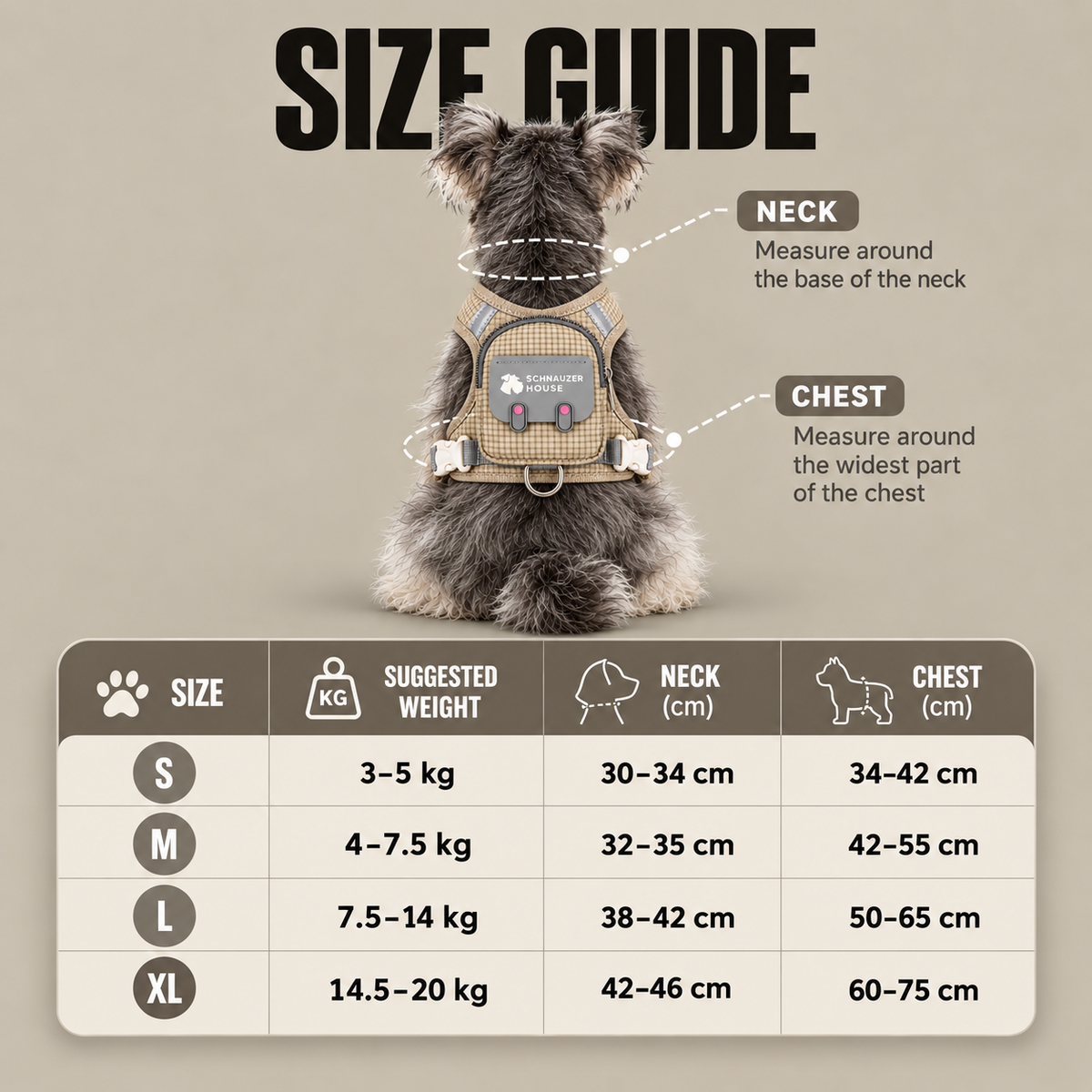 Size guide for the Pocket Harness Set showing neck and chest measurements for sizes S, M, L, and XL