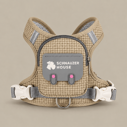 Khaki plaid dog backpack harness with front storage pocket, back view