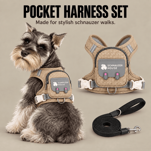Schnauzer wearing the khaki Pocket Harness Set next to the matching leash